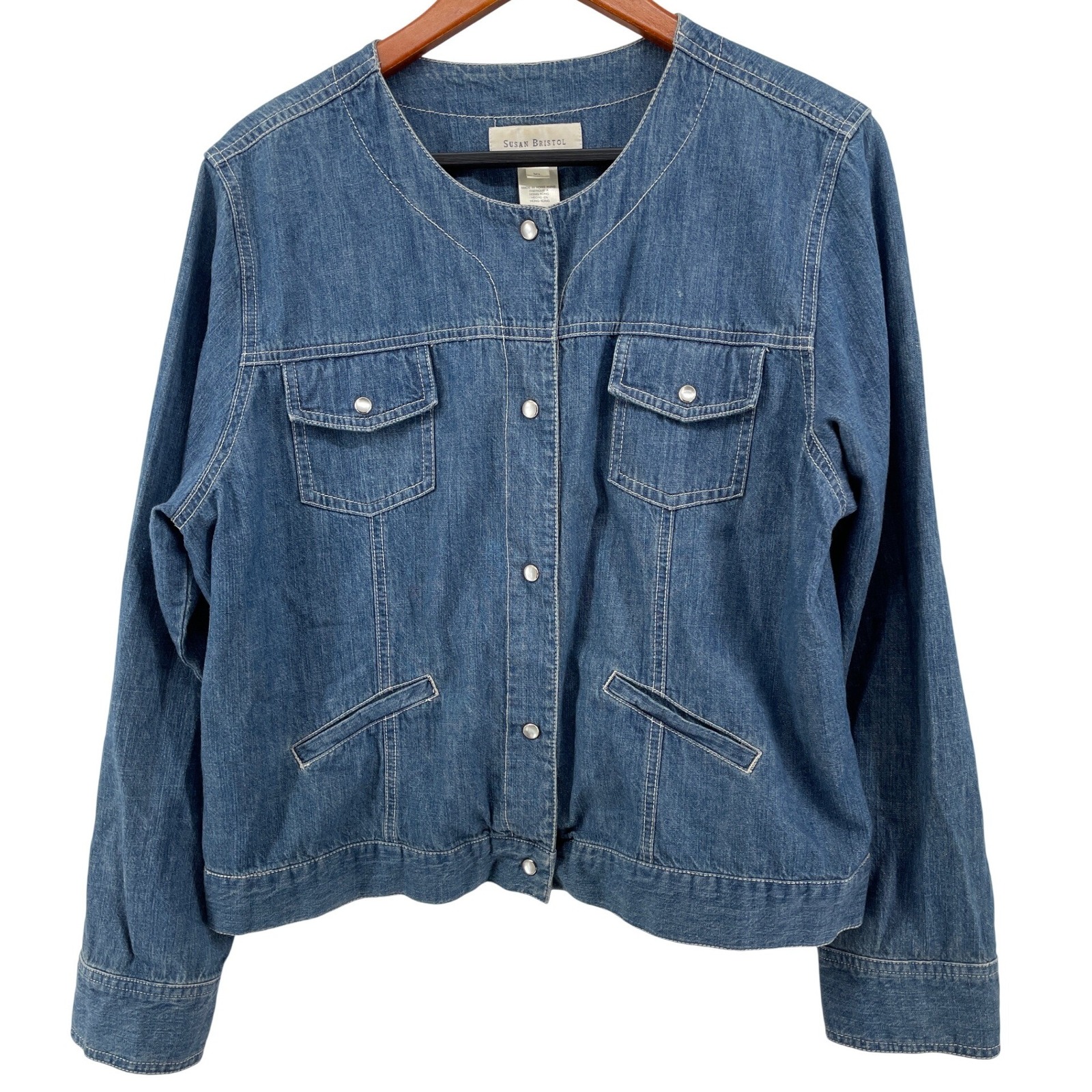 Susan Bristol Denim Top Jacket Womens Xl Blue Pearl Snap Western Boho Americana